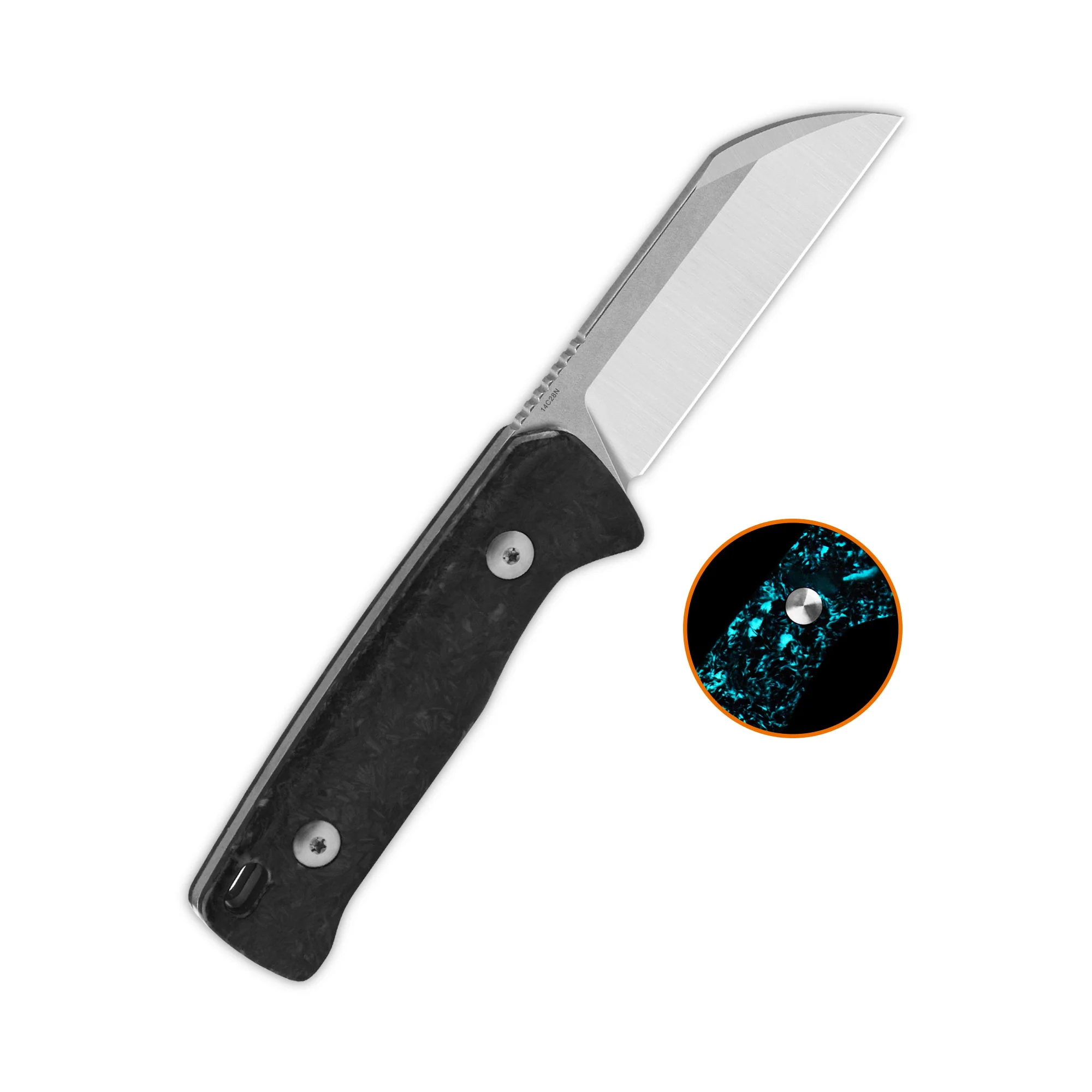 QSP Baby Penguin 14C28N blade Blue glow-in-the-dark shredded CF handle with Clip Slip sheath - Image 3