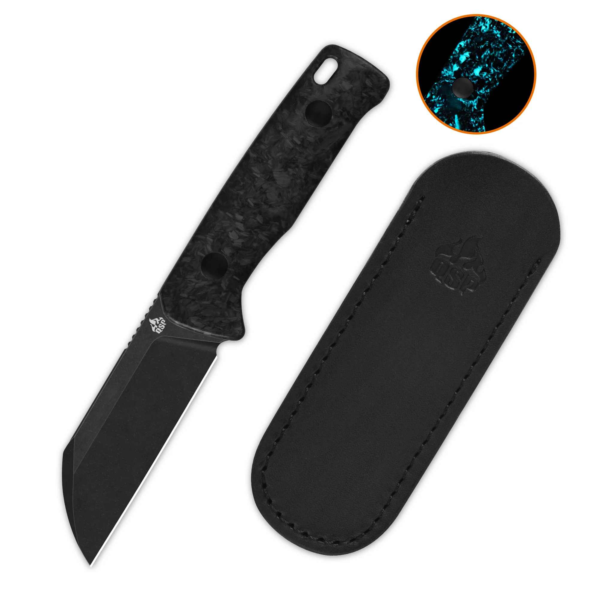 QSP Baby Penguin 14C28N blade Blue glow-in-the-dark shredded CF handle with Clip Slip sheath - Image 7