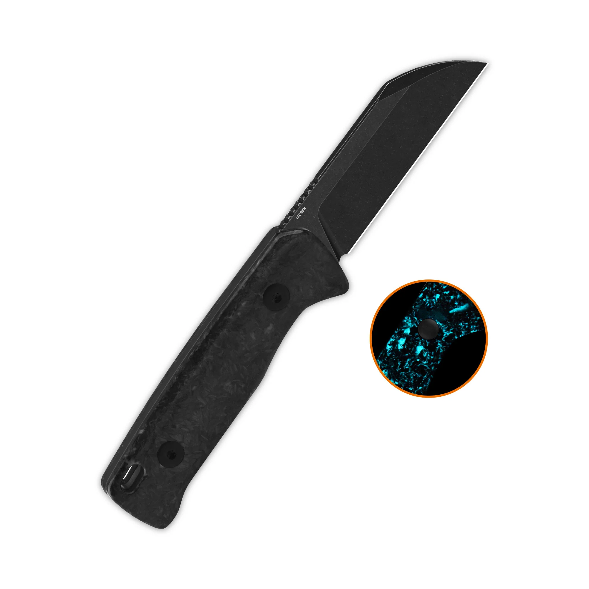 QSP Baby Penguin 14C28N blade Blue glow-in-the-dark shredded CF handle with Clip Slip sheath - Image 8
