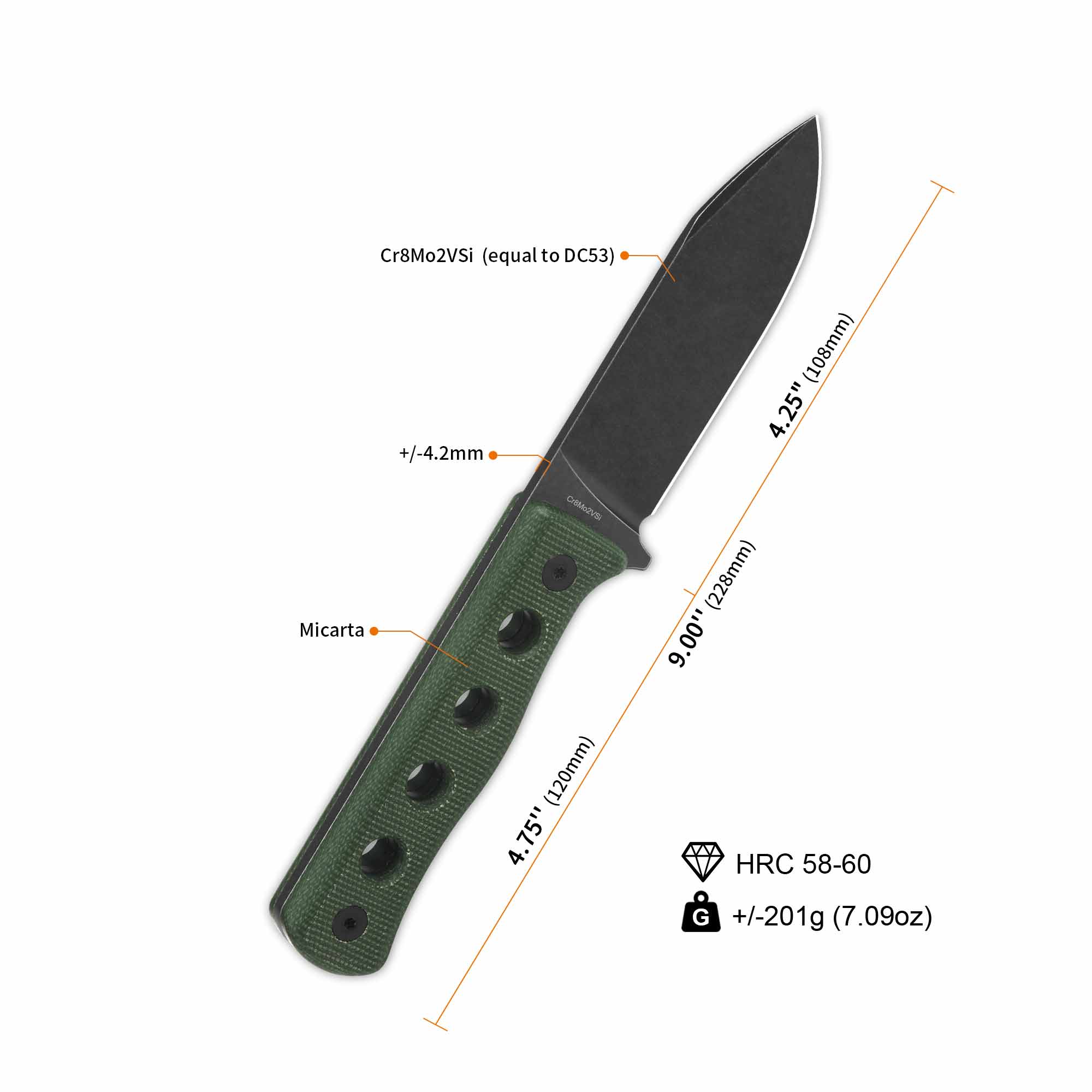 QSP Canary Fixed Blade Knife Cr8Mo2VSi(DC53) Blade Green Micarta Handle - Image 12