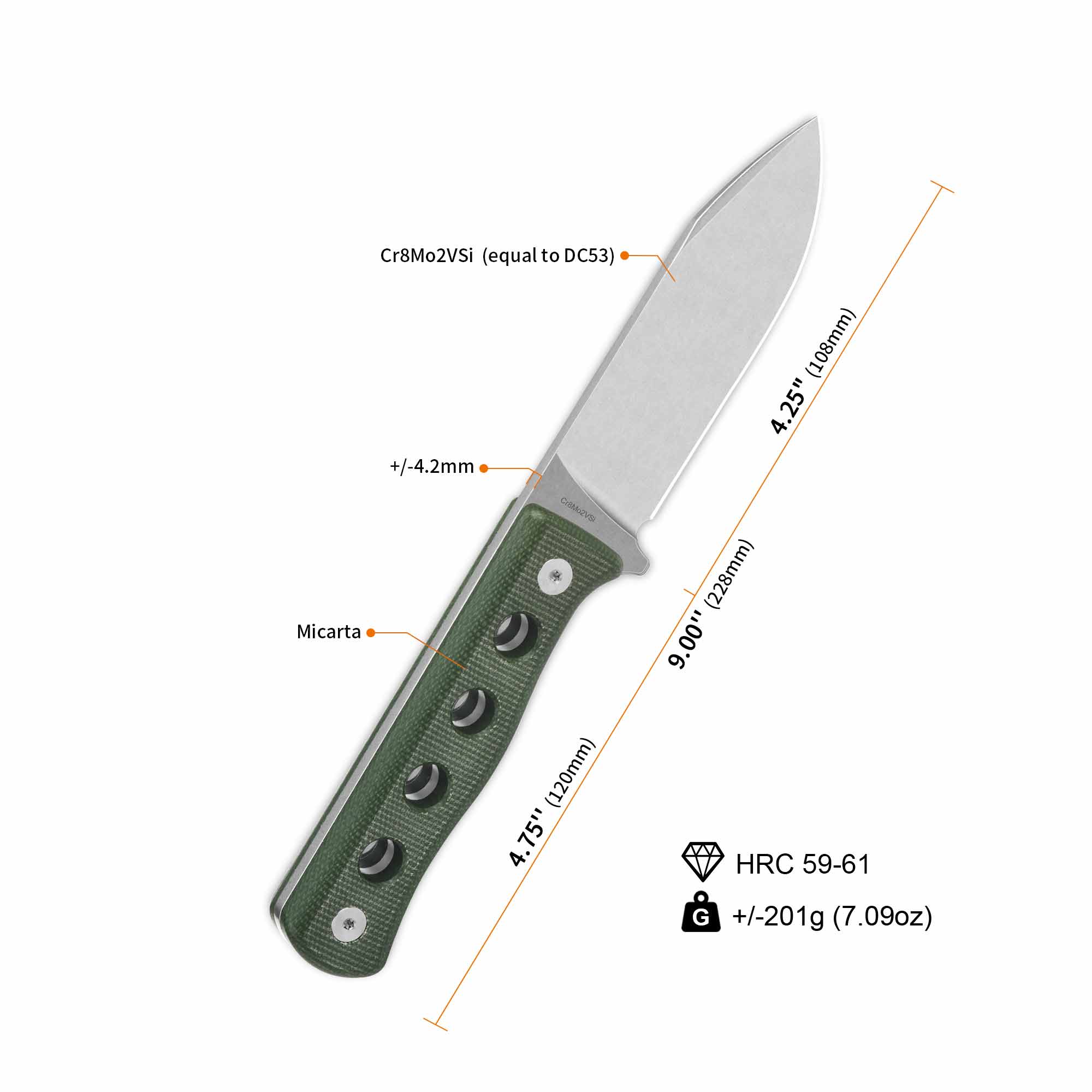 QSP Canary Fixed Blade Knife Cr8Mo2VSi(DC53) Blade Green Micarta Handle - Image 6