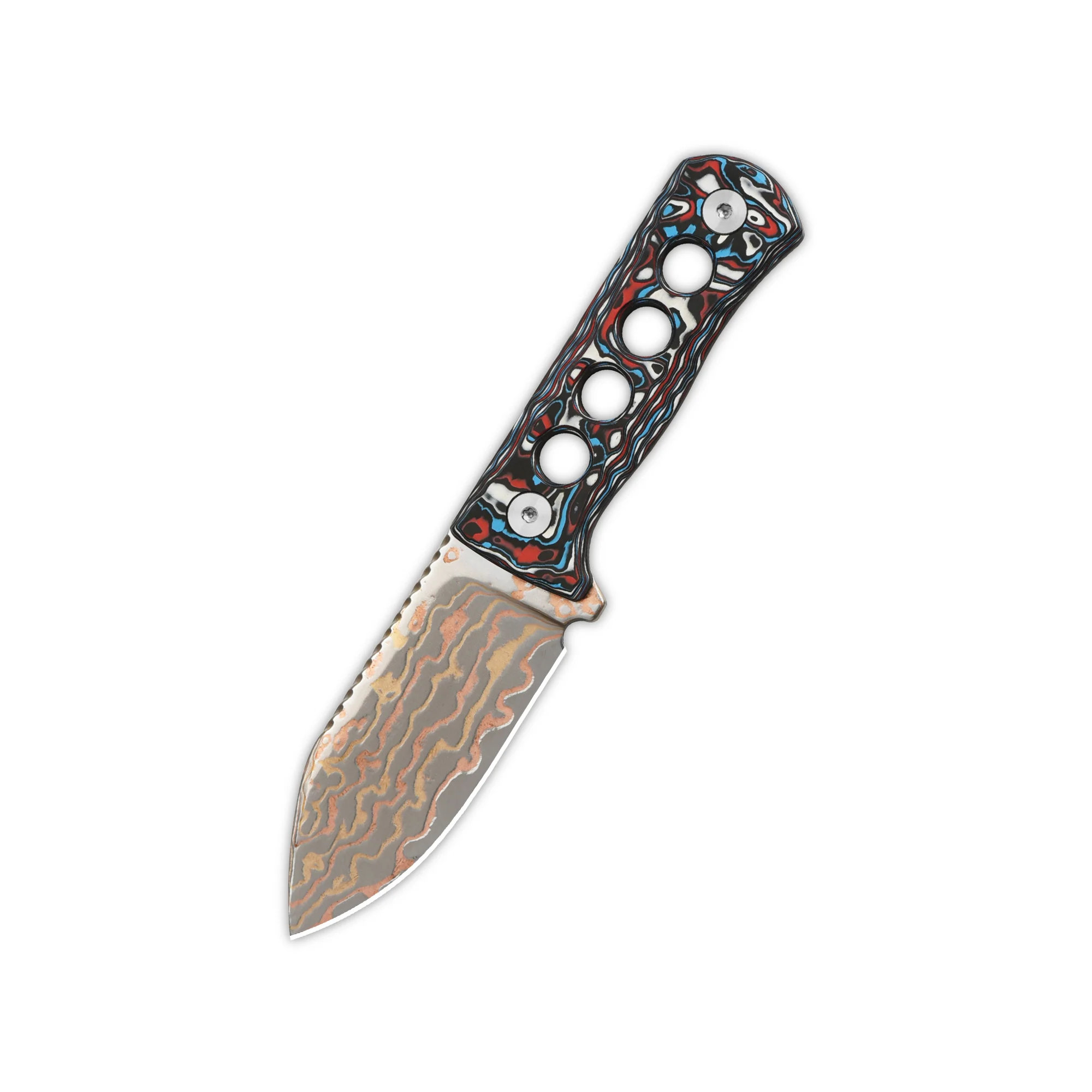 QSP Canary Neck Knife Brass Copper Damascus Blade Camo CF Handle - Image 5