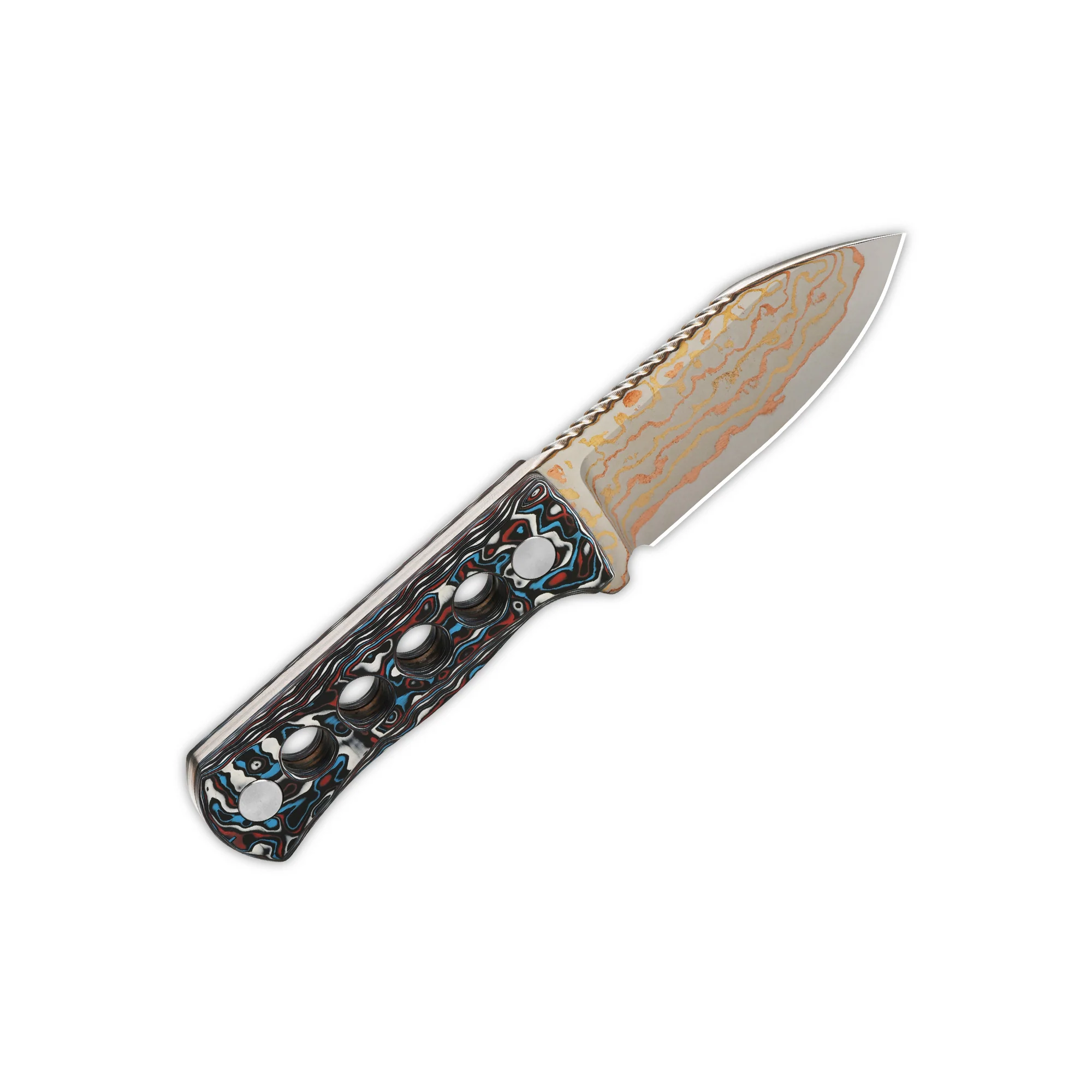 QSP Canary Neck Knife Brass Copper Damascus Blade Camo CF Handle - Image 7