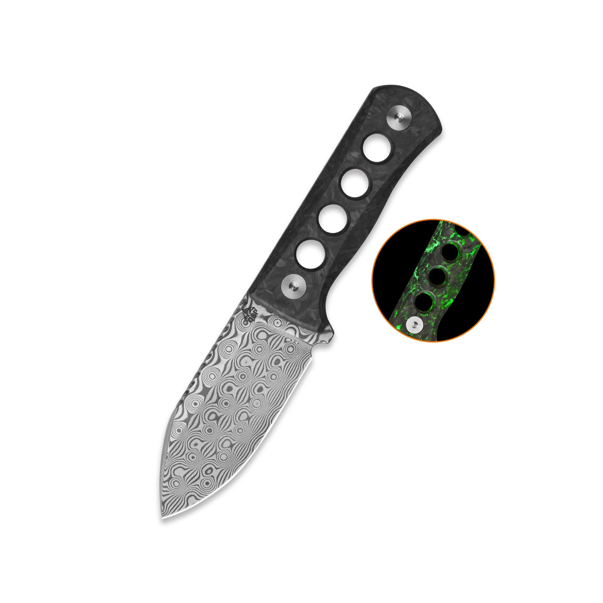 QSP Canary Neck Knife Laminated Damascus Blade Glow-in-the-Dark Shredded CF Handle - Image 5