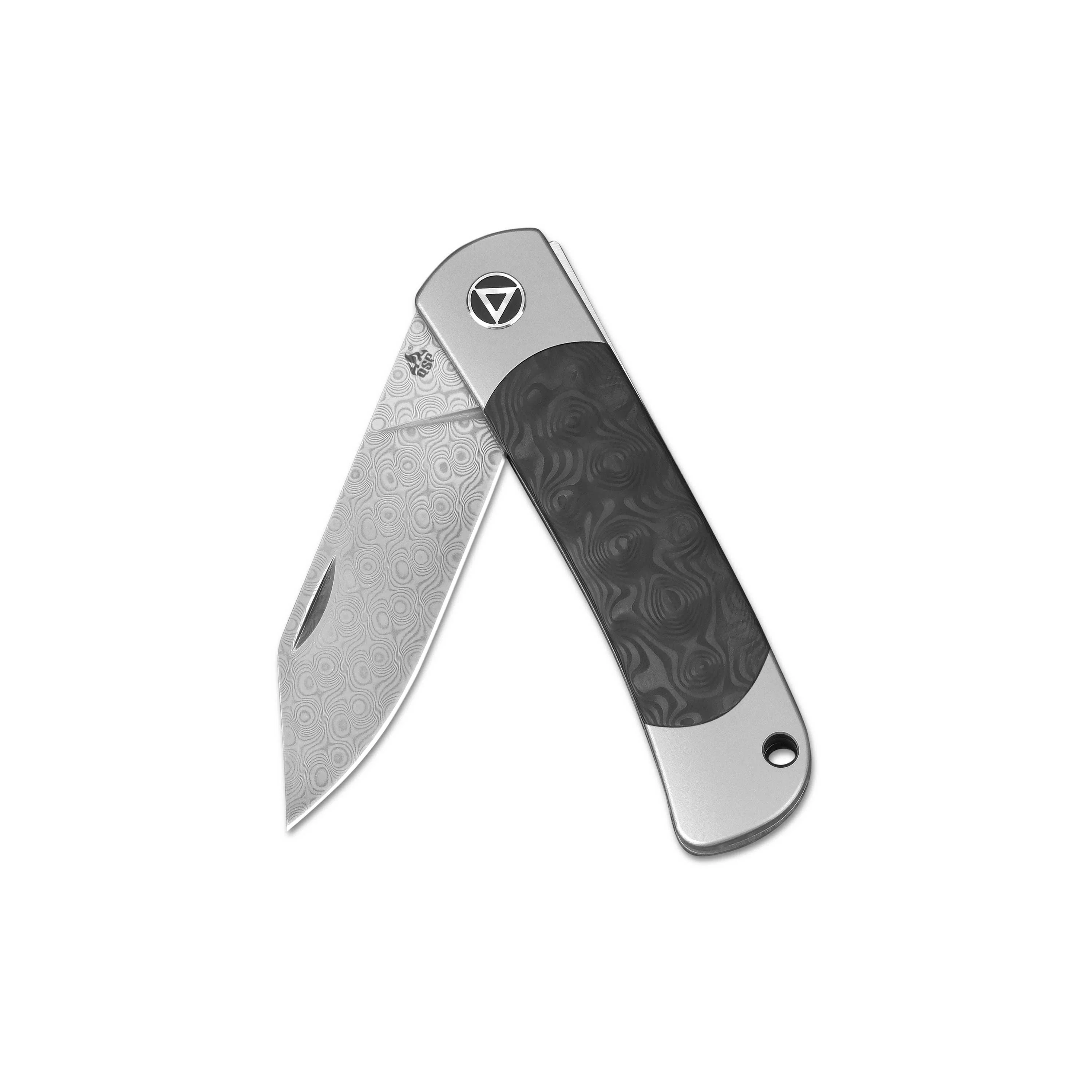 QSP Falcon Slip Joint Pocket Knife Damascus Blade Titanium Handle with Marbled CF attached - Image 4