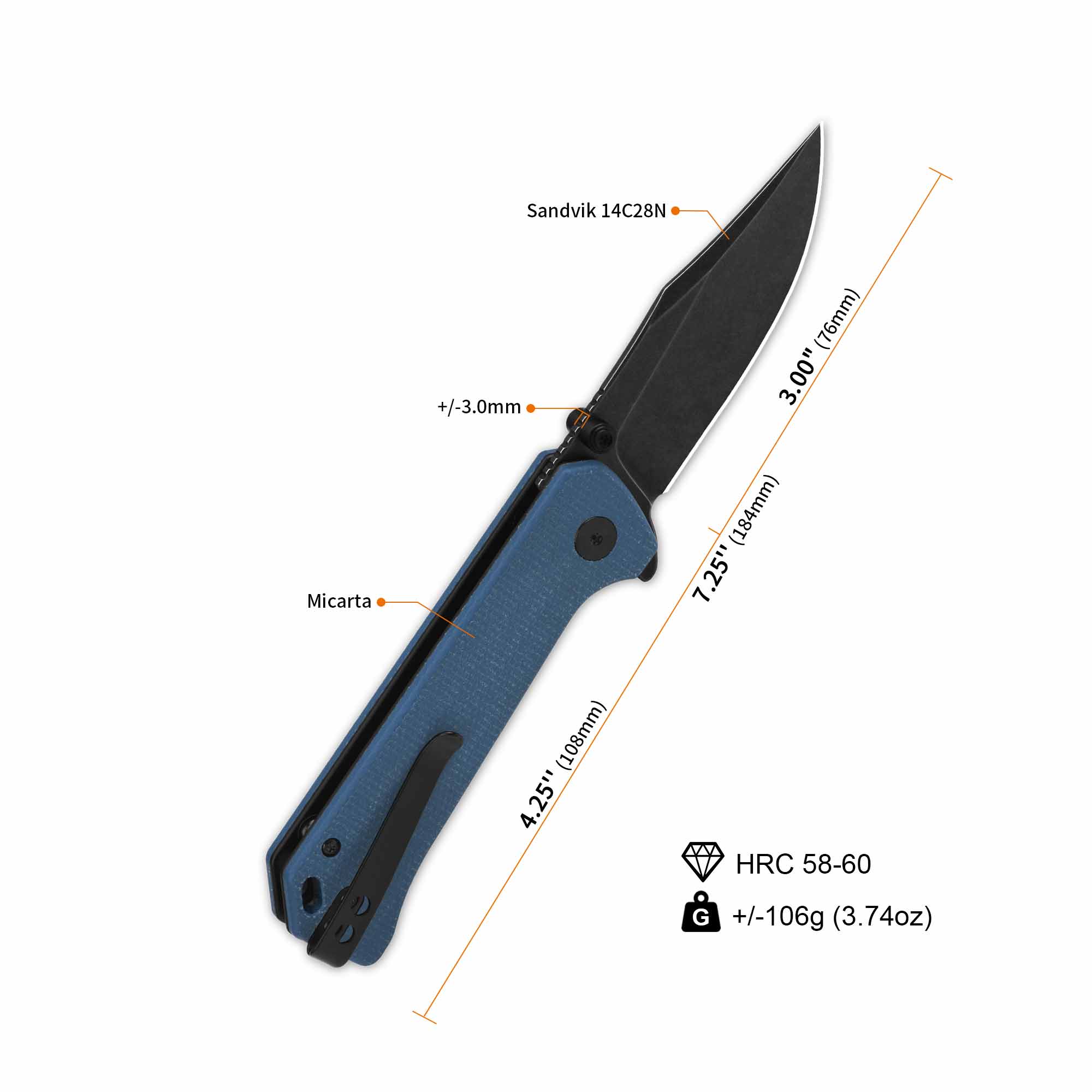 QSP Grebe Button Lock Pocket Knife 14C28N blade Blue Micarta Handle - Image 7