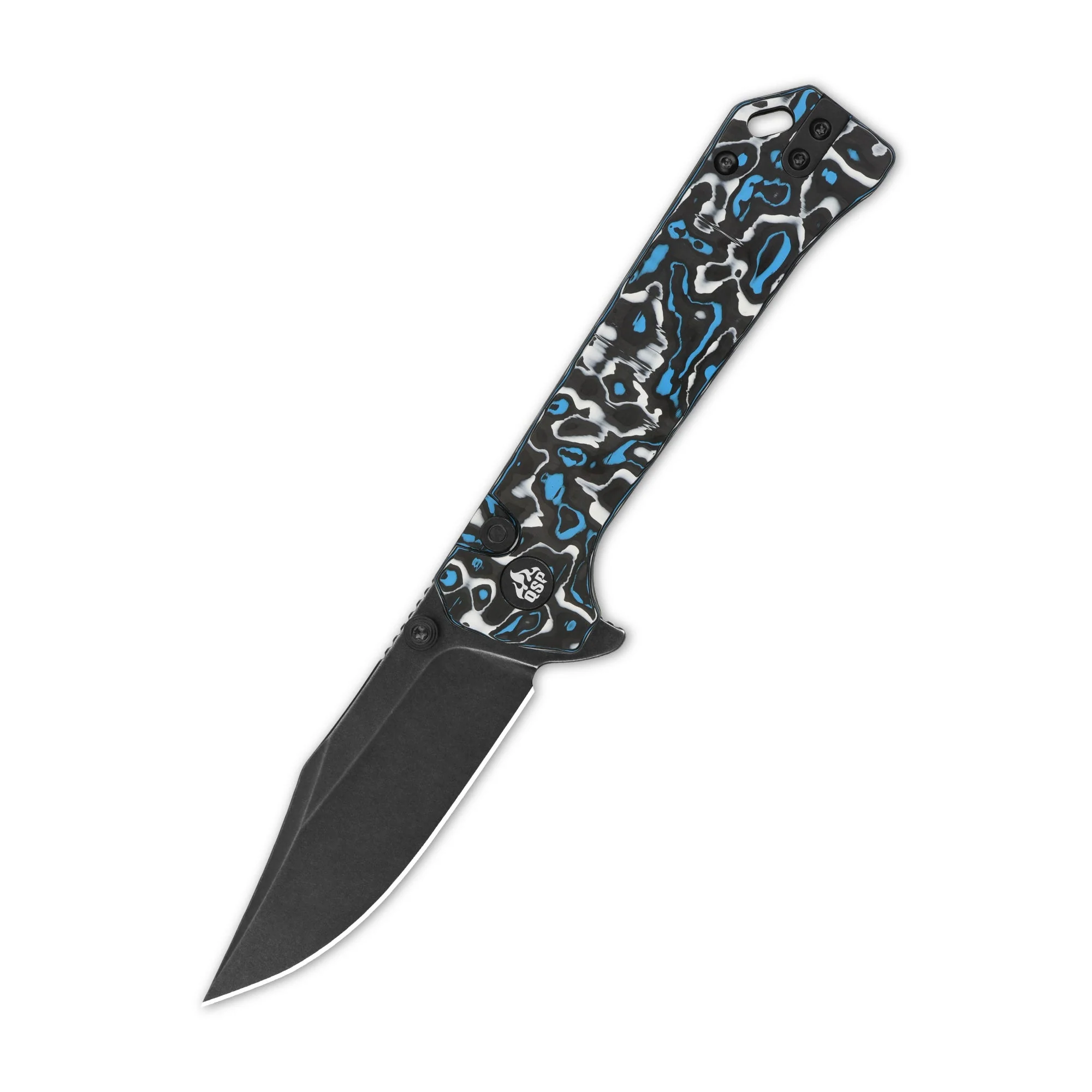 QSP Grebe Button Lock Pocket Knife S35VN blade Blue camo CF Handle - Image 5