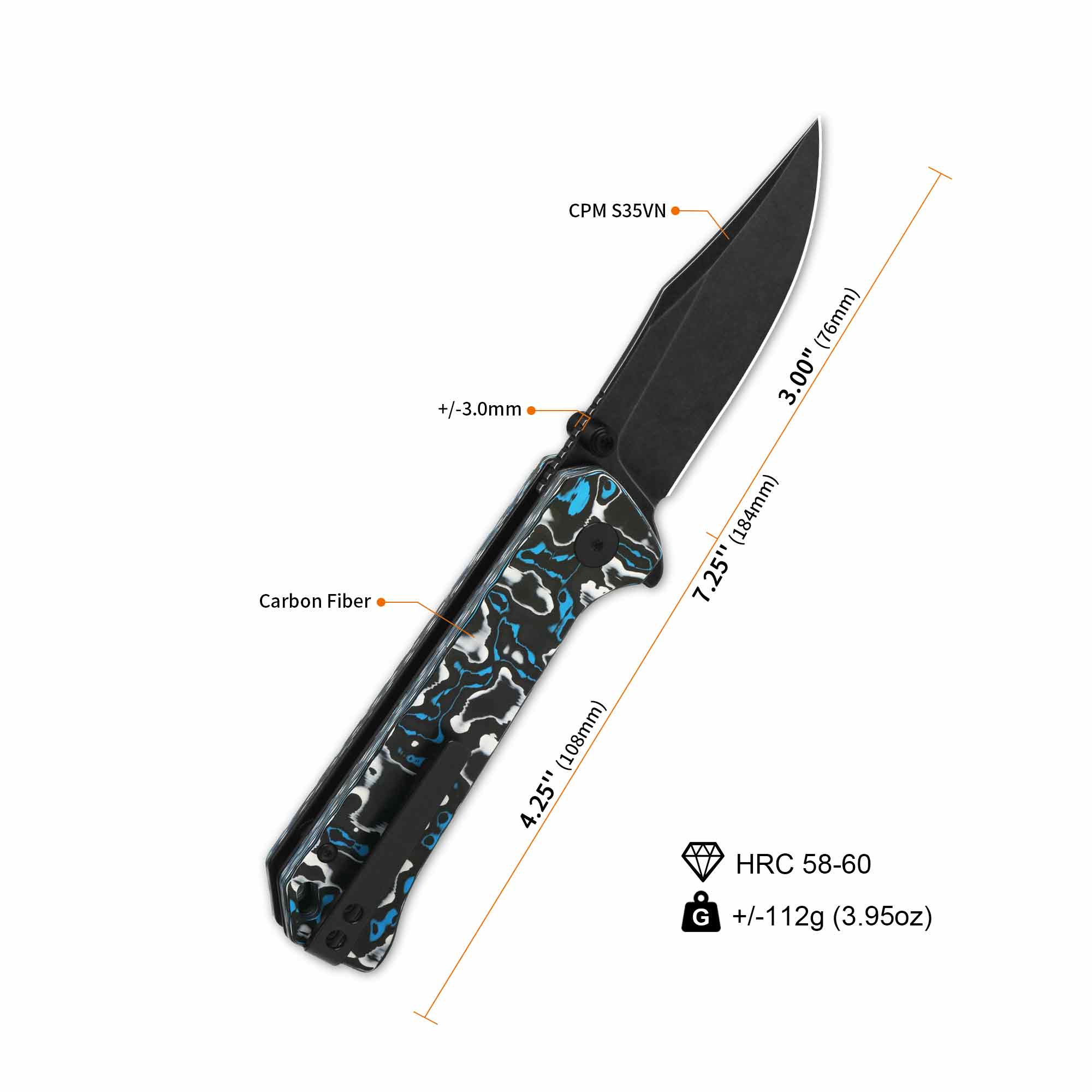 QSP Grebe Button Lock Pocket Knife S35VN blade Blue camo CF Handle - Image 7