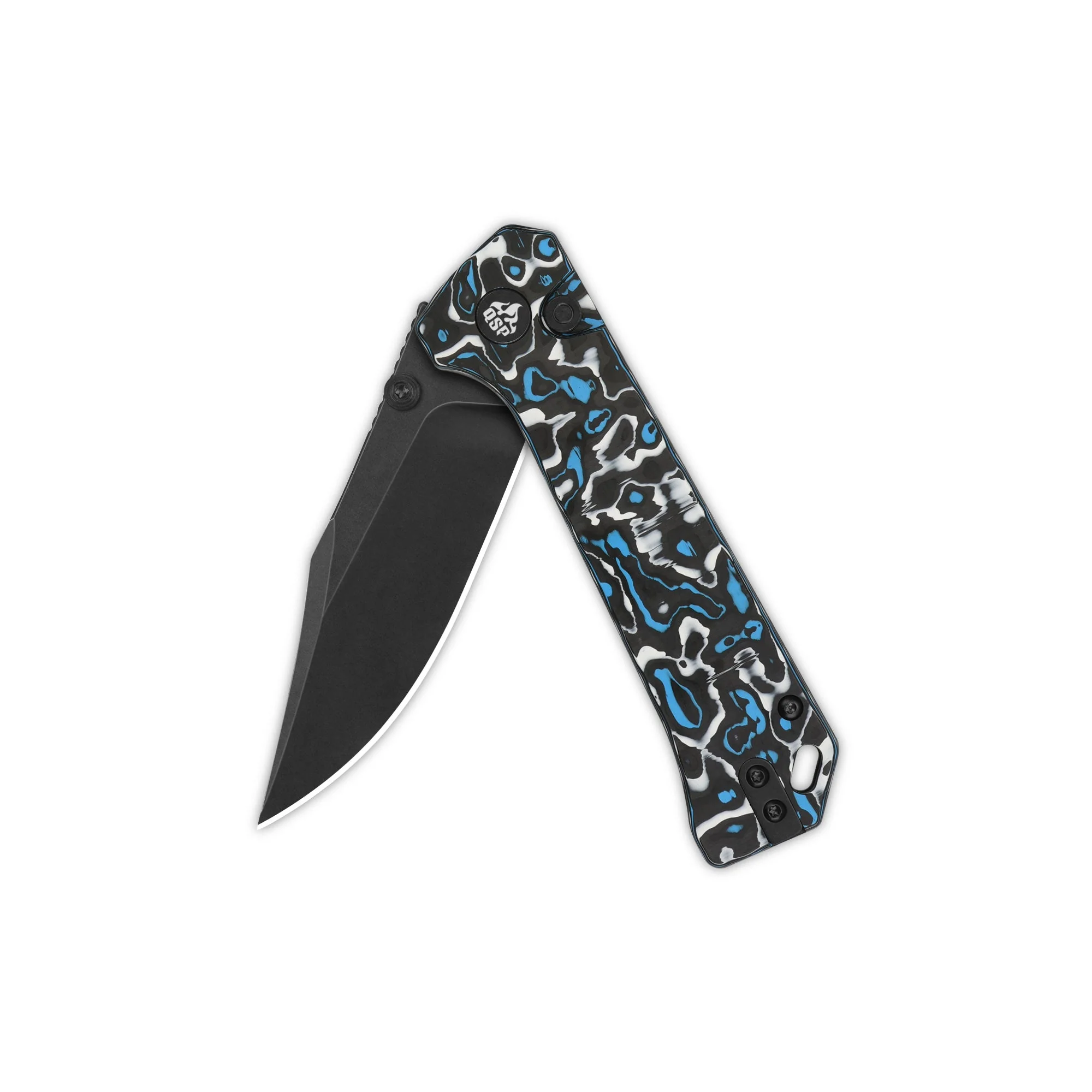 QSP Grebe Button Lock Pocket Knife S35VN blade Blue camo CF Handle - Image 8