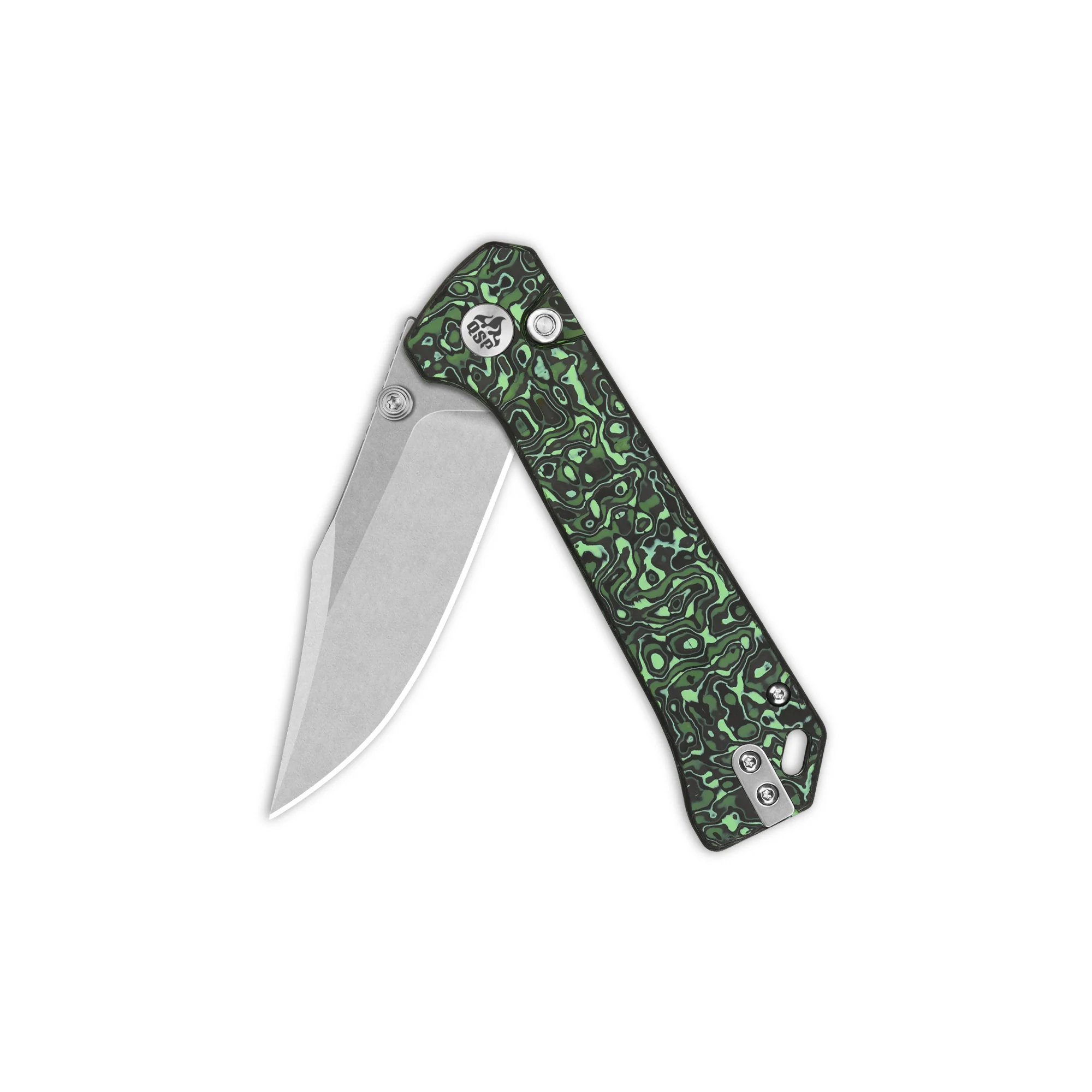 QSP Grebe Button Lock Pocket Knife S35VN blade Green camo CF Handle - Image 3