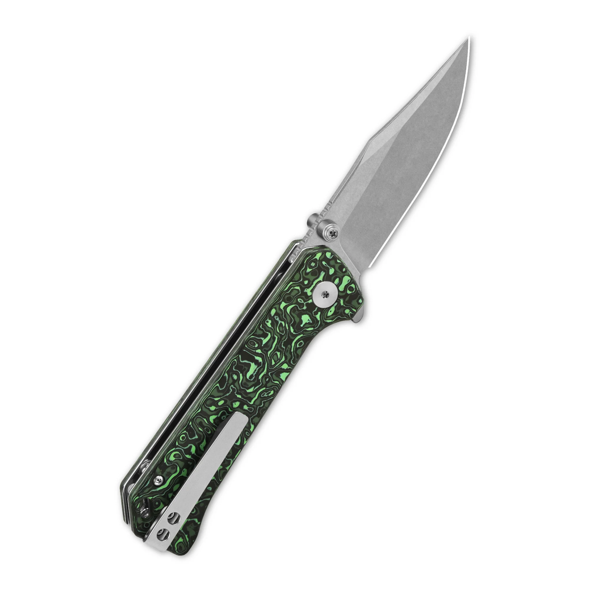 QSP Grebe Button Lock Pocket Knife S35VN blade Green camo CF Handle - Image 4