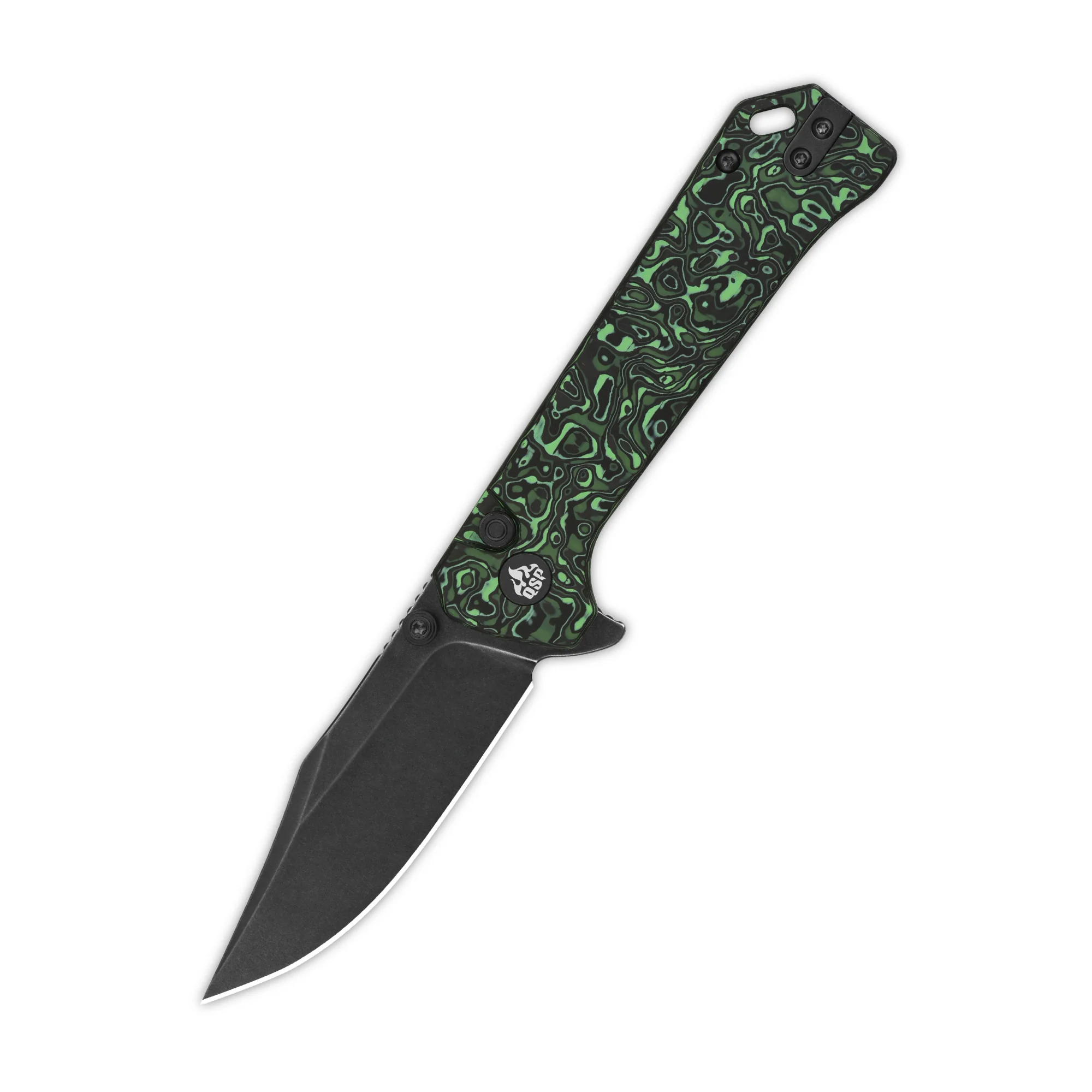 QSP Grebe Button Lock Pocket Knife S35VN blade Green camo CF Handle - Image 5