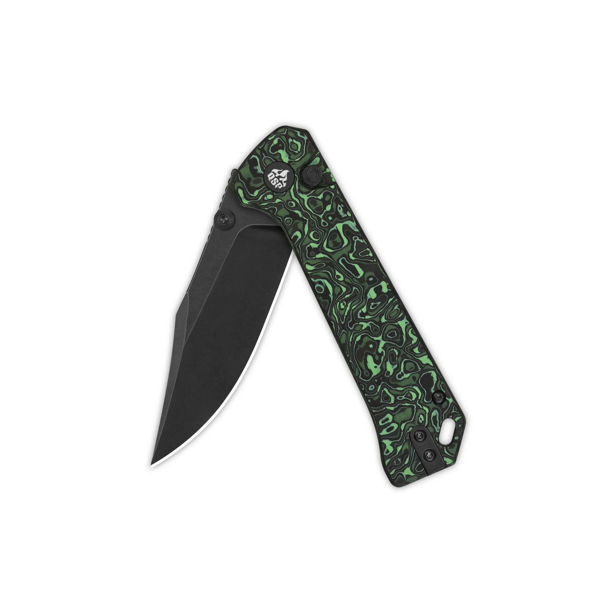 QSP Grebe Button Lock Pocket Knife S35VN blade Green camo CF Handle - Image 7