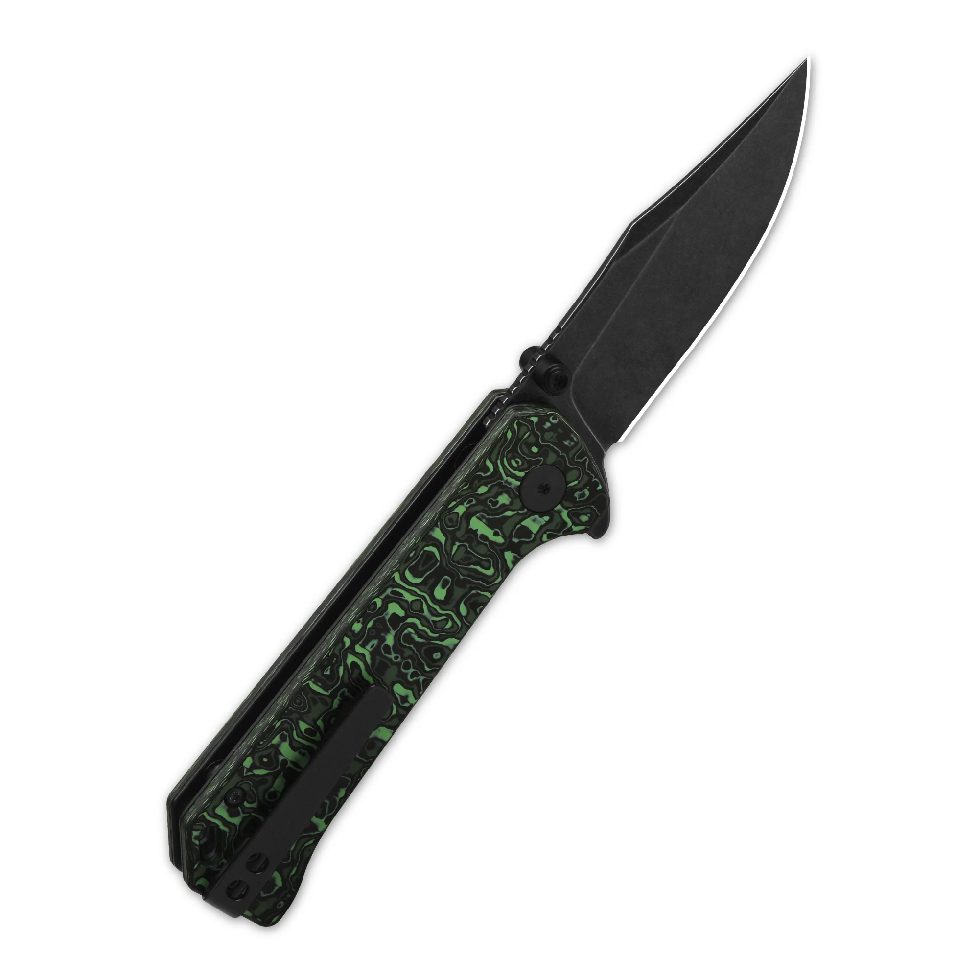 QSP Grebe Button Lock Pocket Knife S35VN blade Green camo CF Handle - Image 8