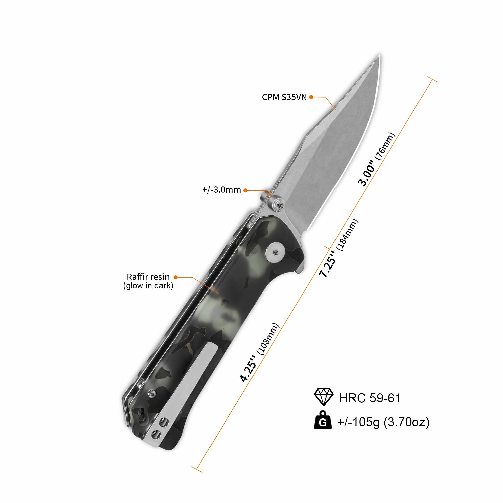 QSP Grebe Button Lock Pocket Knife S35VN blade Raffir resin Glow in Dark Handle - Image 4