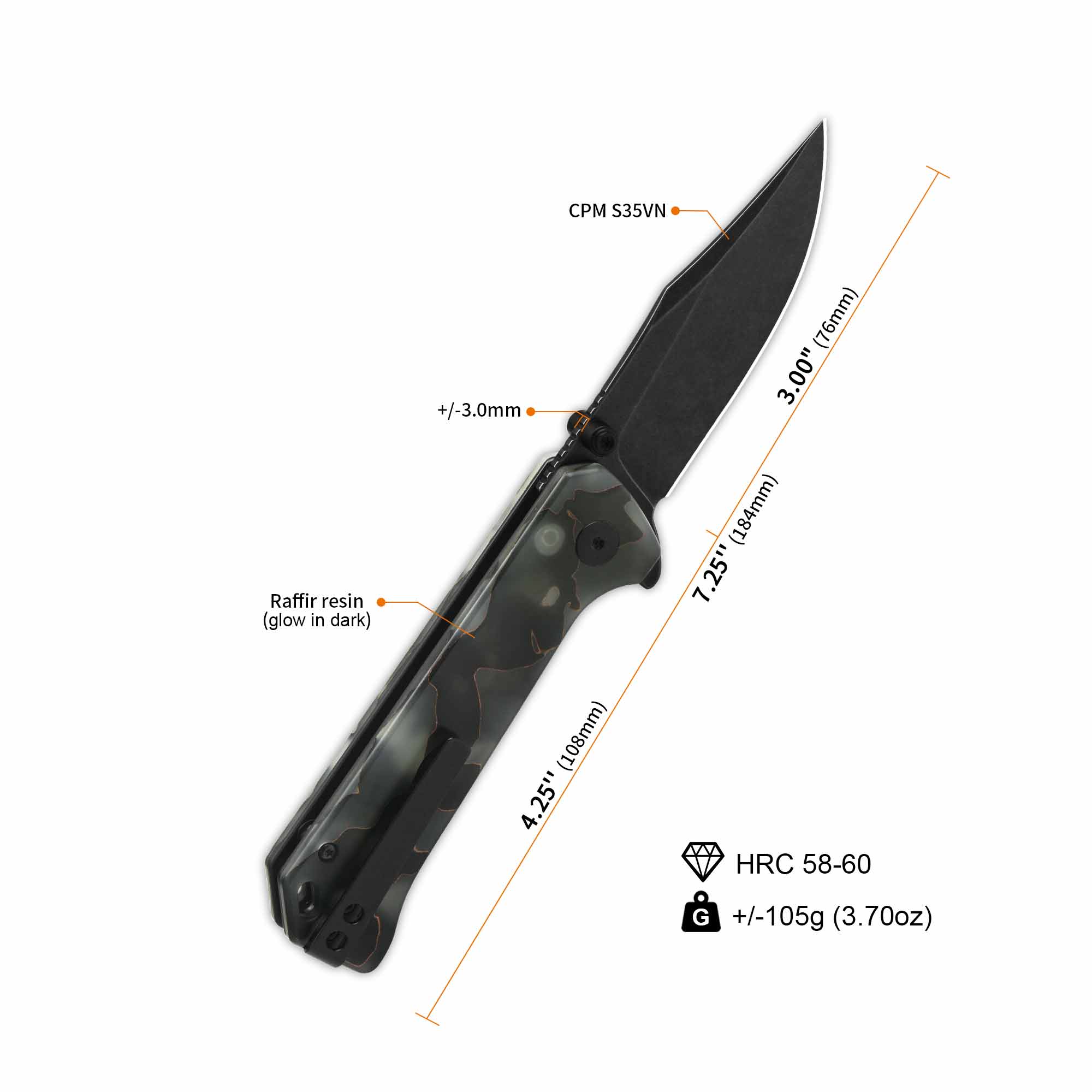 QSP Grebe Button Lock Pocket Knife S35VN blade Raffir resin Glow in Dark Handle - Image 8