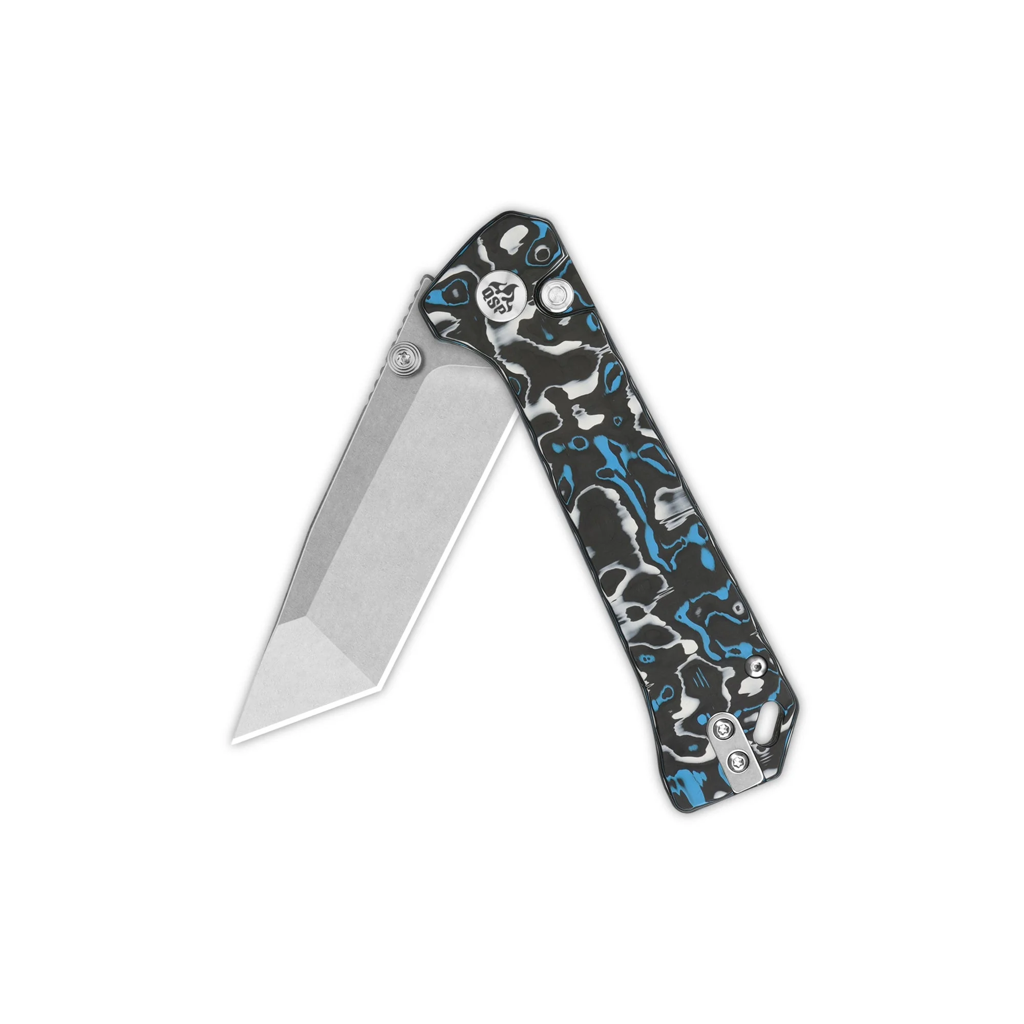 QSP Grebe T Button Lock Pocket Knife S35VN blade Blue camo CF Handle - Image 4