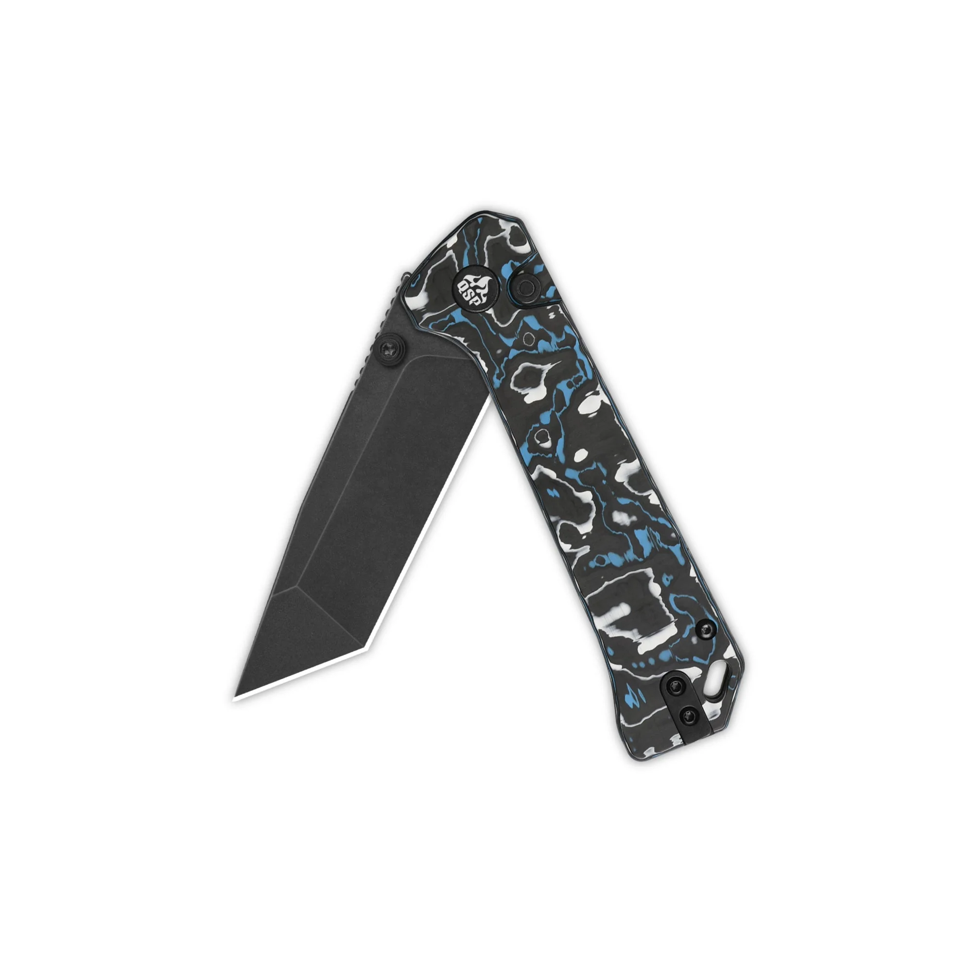 QSP Grebe T Button Lock Pocket Knife S35VN blade Blue camo CF Handle - Image 8