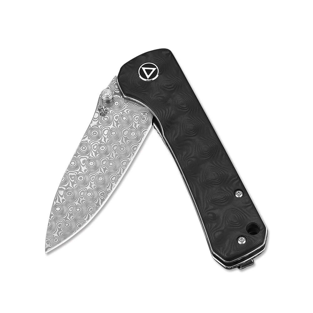 QSP Hawk Liner Lock Pocket Knife Laminated Damascus/S35VN Blade with Marbled Carbon Fiber Handles - Image 3