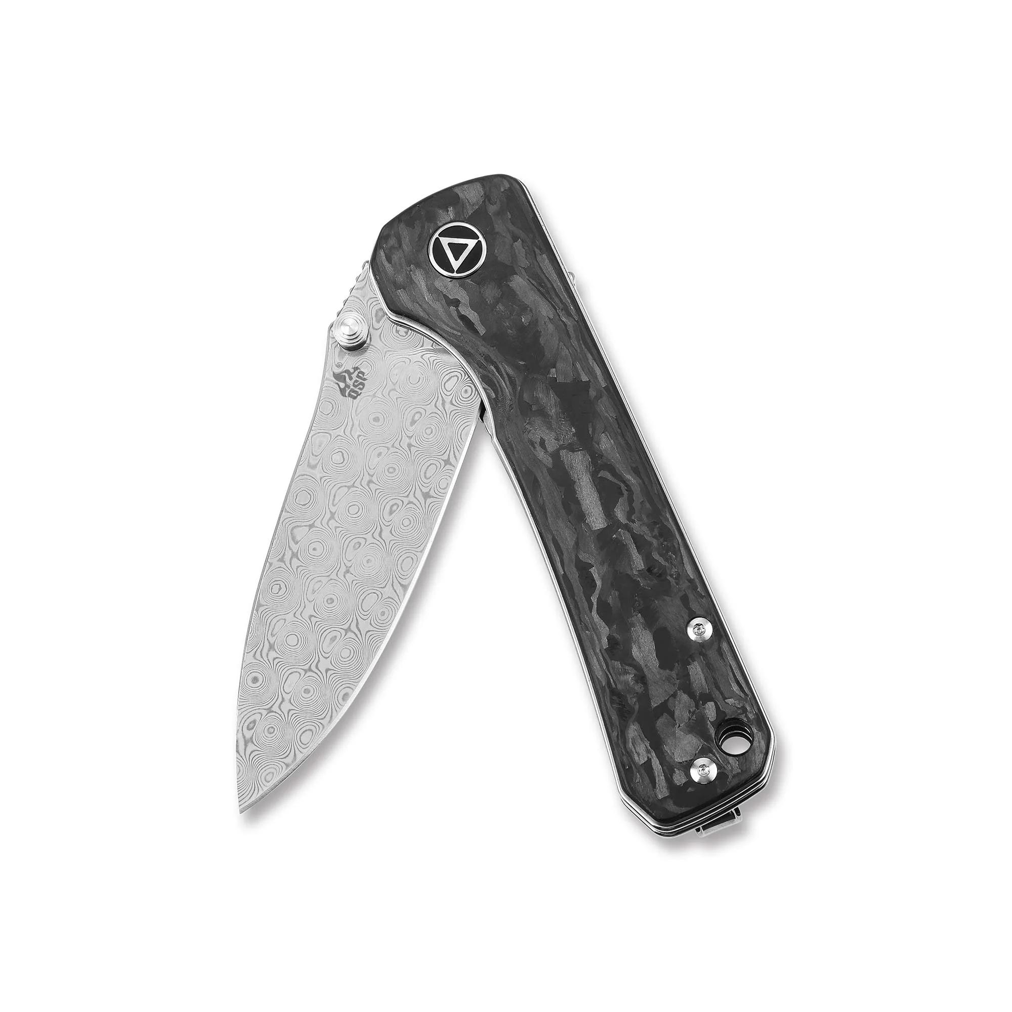 QSP Hawk Liner Lock Pocket Knife Laminated Damascus/S35VN Blade with Shredded Carbon Fiber Handles - Image 3