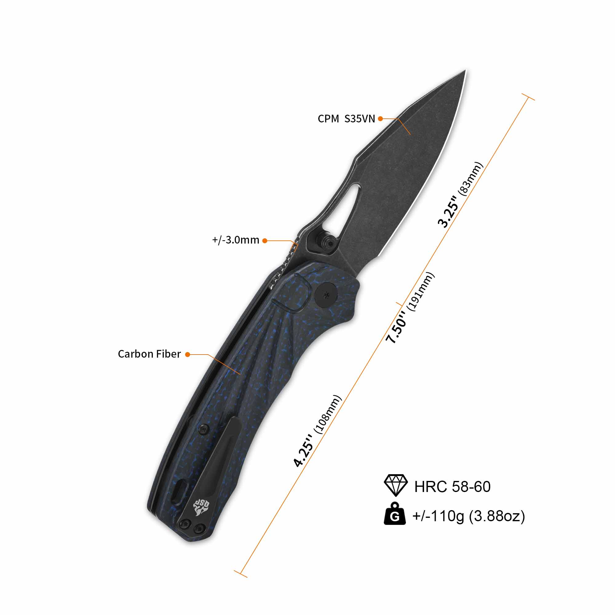 QSP Hornbill Pocket knife S35VN blade Blue CF handle - Image 7