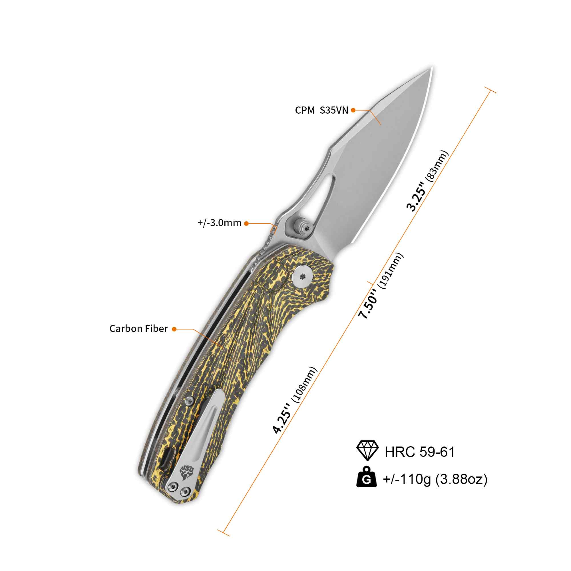 QSP Hornbill Pocket knife S35VN blade Golden CF handle - Image 3