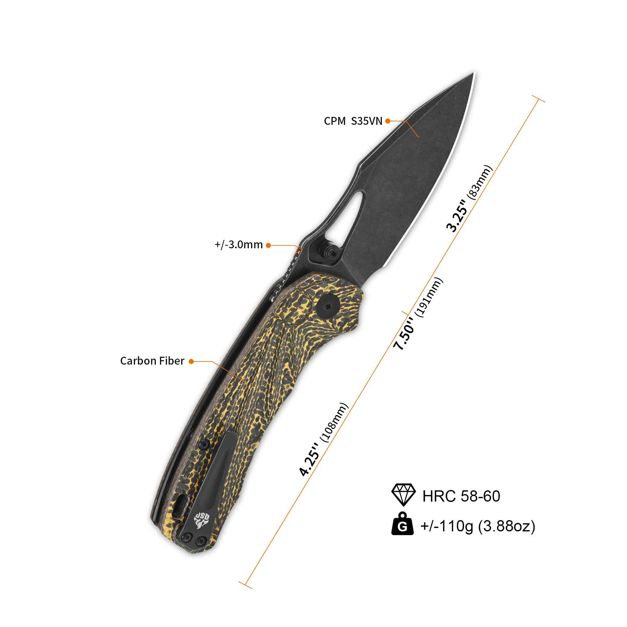 QSP Hornbill Pocket knife S35VN blade Golden CF handle - Image 7