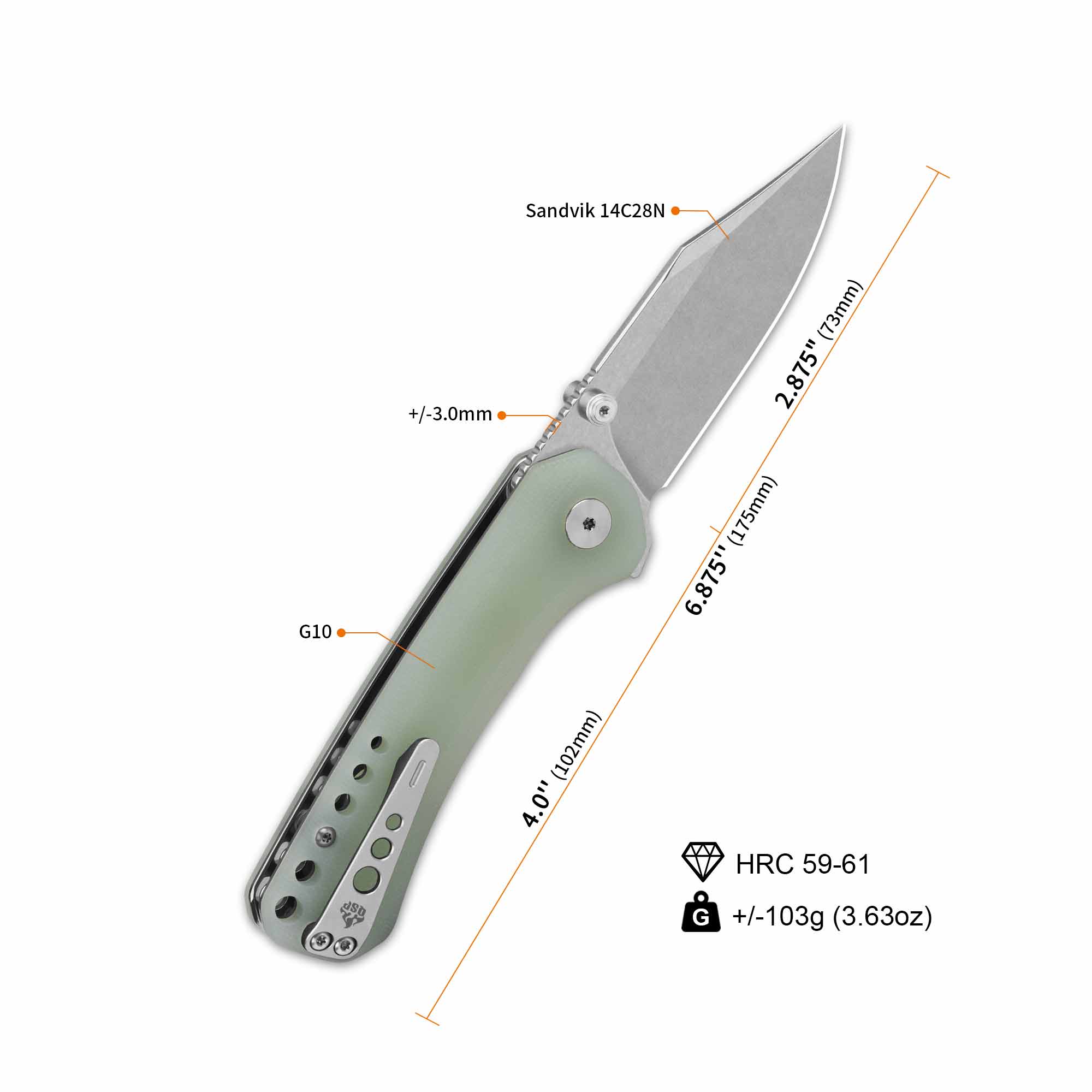 QSP Kestrel Pocket knife 14C28N blade Jade G10 handle - Image 3