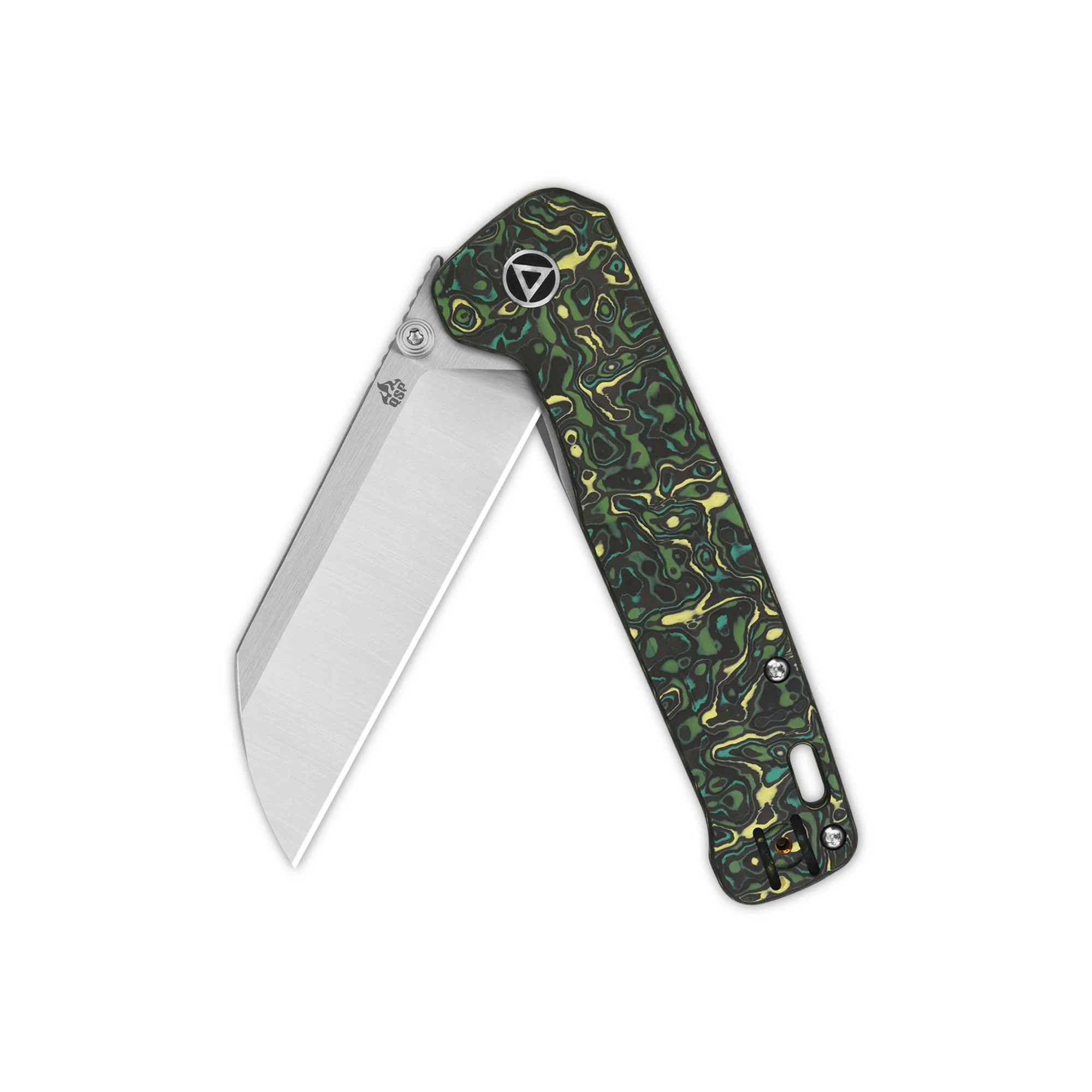 QSP Penguin Plus (Penguin XL ) Frame Lock Pocket Knife 20CV Blade Yellow Green Camo CF and Ti Handle - Image 3