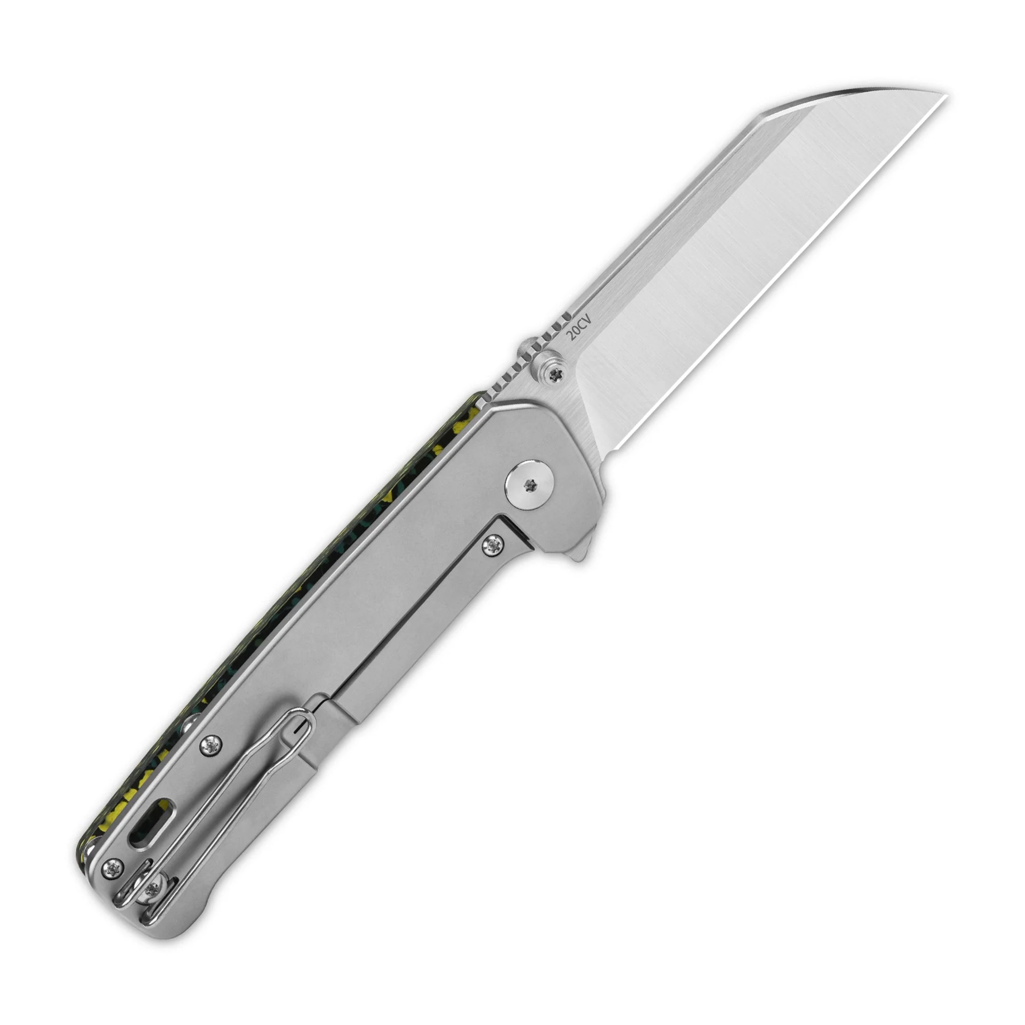 QSP Penguin Plus (Penguin XL ) Frame Lock Pocket Knife 20CV Blade Yellow Green Camo CF and Ti Handle - Image 4