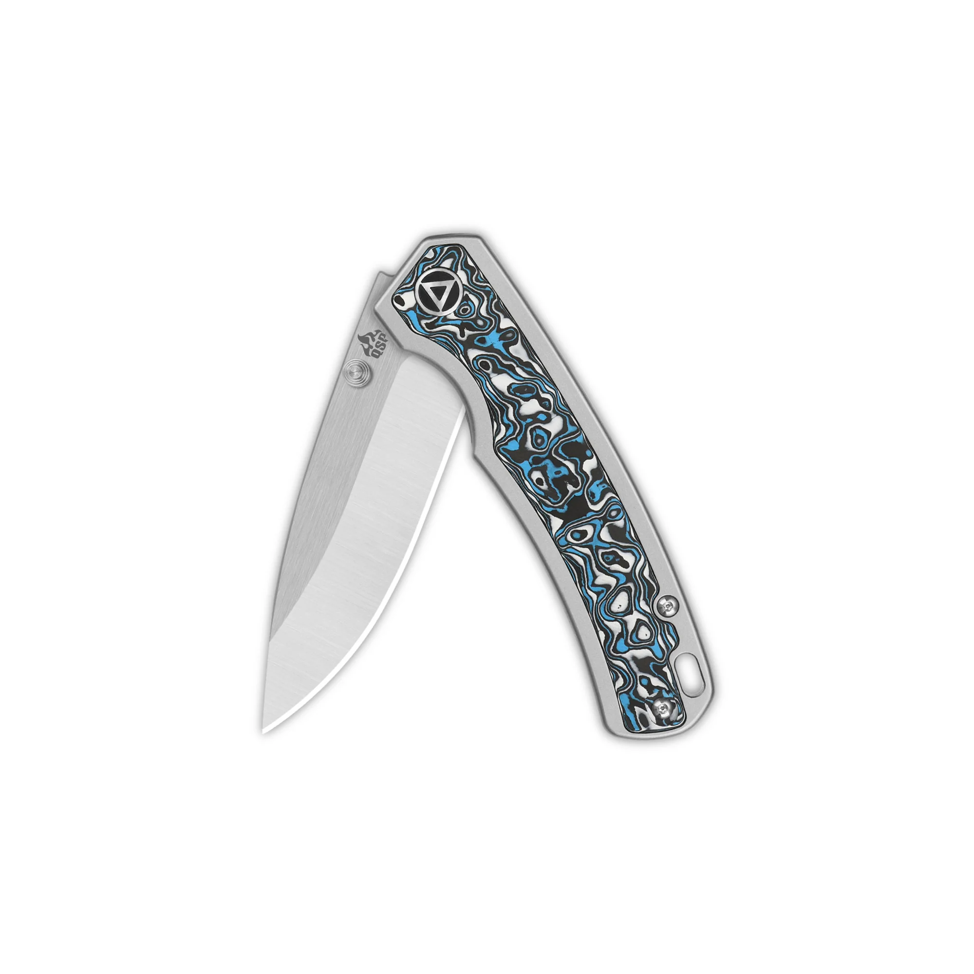 QSP Puffin Frame Lock Pocket Knife CPM S35VN Blade Titanium Handle with Blue Camo Carbon Fiber inlay - Image 3