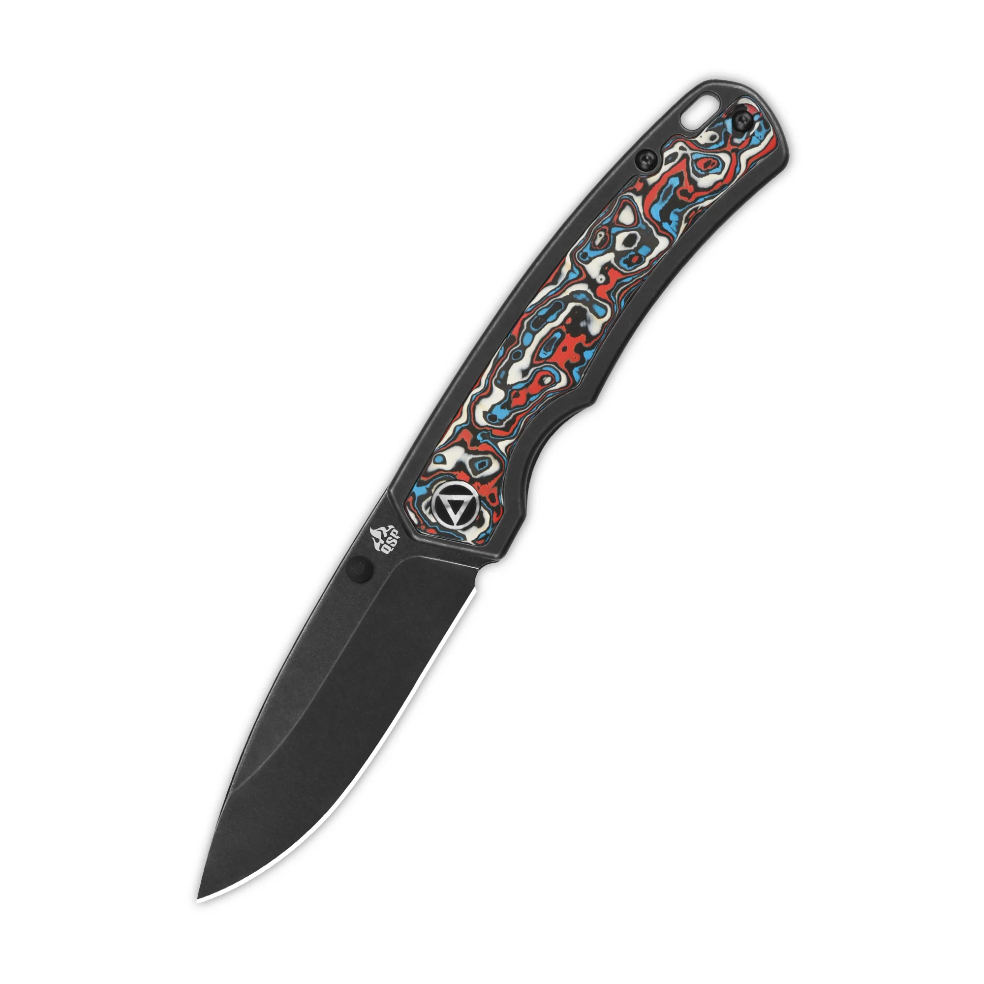 QSP Puffin Frame Lock Pocket Knife CPM S35VN Blade Titanium Handle with Red-Blue Camo Carbon Fiber inlay - Image 5