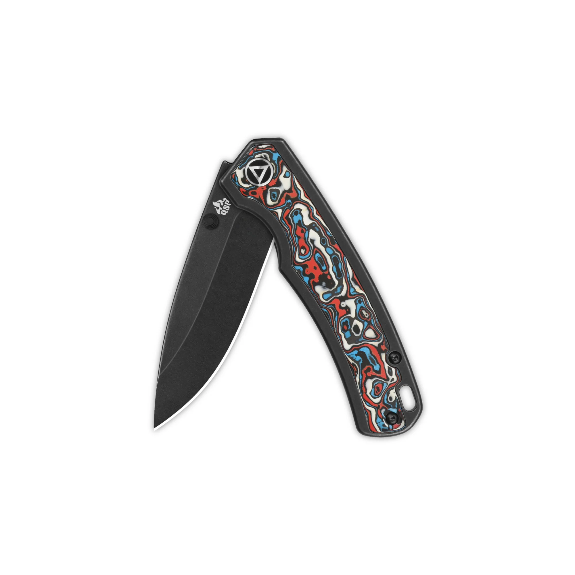 QSP Puffin Frame Lock Pocket Knife CPM S35VN Blade Titanium Handle with Red-Blue Camo Carbon Fiber inlay - Image 7