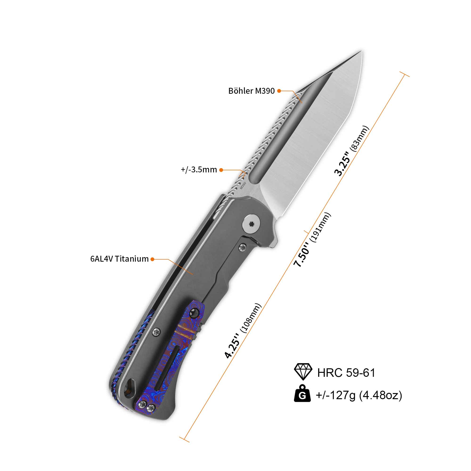 QSP Rhino Pocket Knife Böhler M390 Flat Blade  Titanium Handle - Image 3